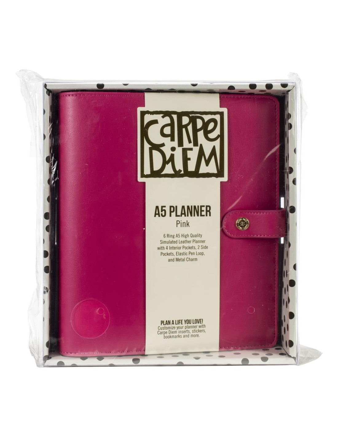 Carpe Diem Planner Feathers Boxed Set, A5, 6 Ring Simulated Leather W/ 4  Interior Pockets, 2 Side Pockets, Elastic Pen Loop, & Charm 