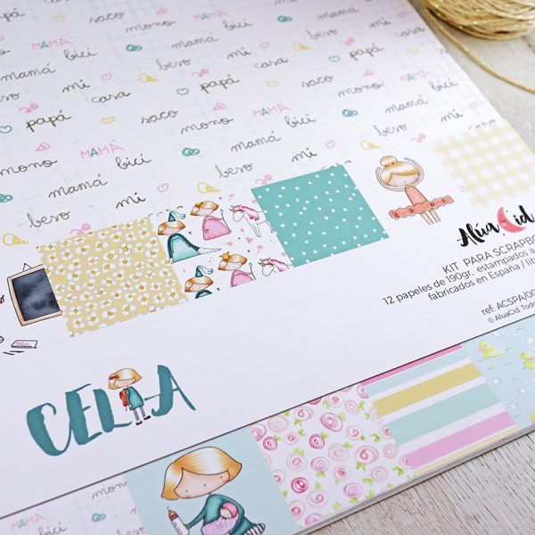 Kit para scrapbooking Celia con 12 papeles y 1 hoja de pegatinas