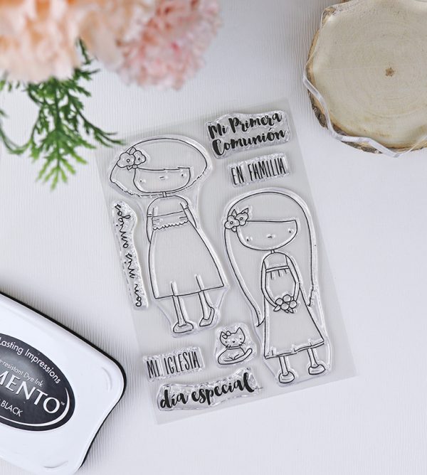 Set de sellos para scrapbooking Mi comunión, de la colección Como una princesa. Diseño de Alúa Cid