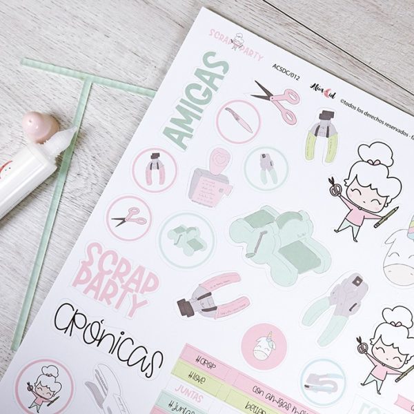 Hoja de troquelados o die cuts Scrapparty, para scrapbooking. Diseño de Alúa Cid