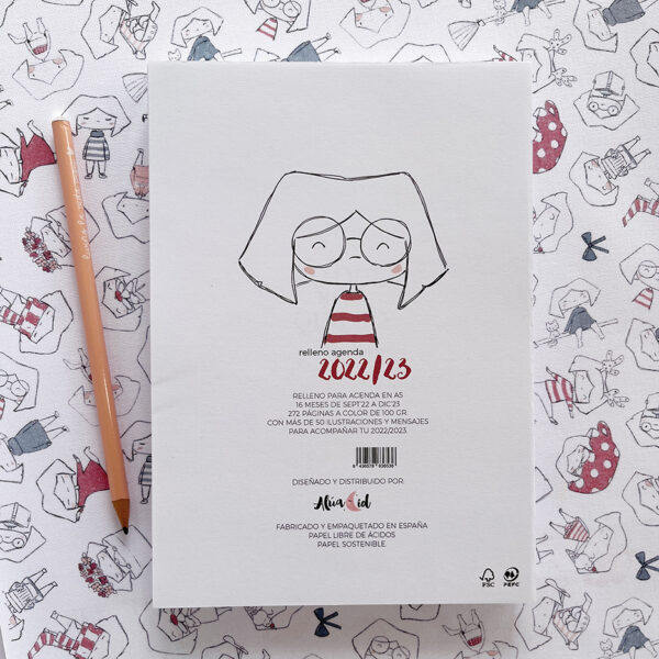 Imprimible de agenda 2022/23 con dibujos de Aluli y frases. Pdf diseñado por Alúa Cid