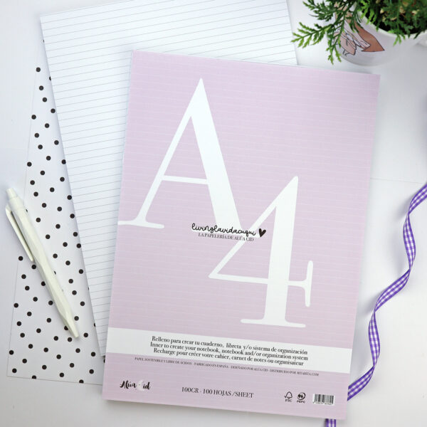 Relleno libreta A4, en varios acabados: liso, puntos, rayas y cuadros