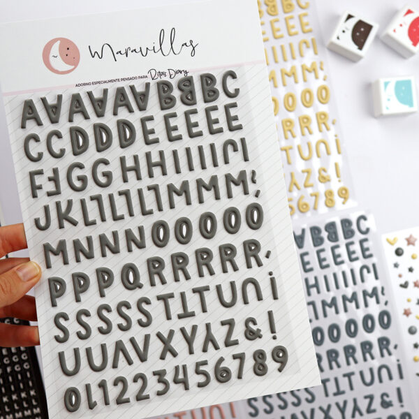 Pegatinas puffy ABC Antracita para scrapbooking. Diseño de Alúa Cid