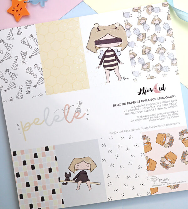 Bloc de 36 papeles para scrapbooking Pelele. Diseño de Alúa Cid