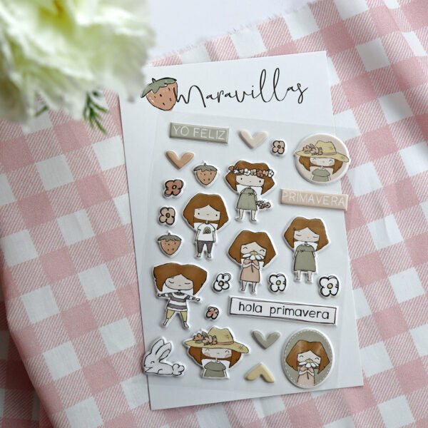 Set de pegatinas puffy primavera. De la colección de scrapbooking Maravillas. Diseño de Alúa Cid