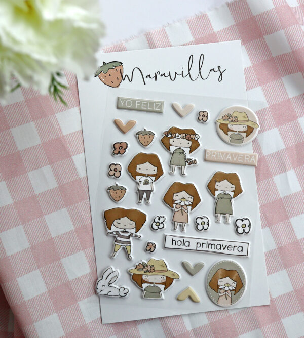 Set de pegatinas puffy primavera. De la colección de scrapbooking Maravillas. Diseño de Alúa Cid