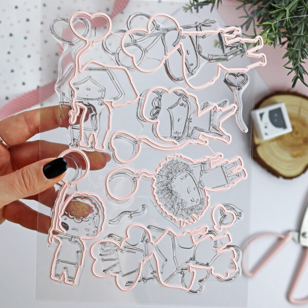 Set de sellos para scrapbooking con troquel Familia New Love. Diseño de Alúa Cid