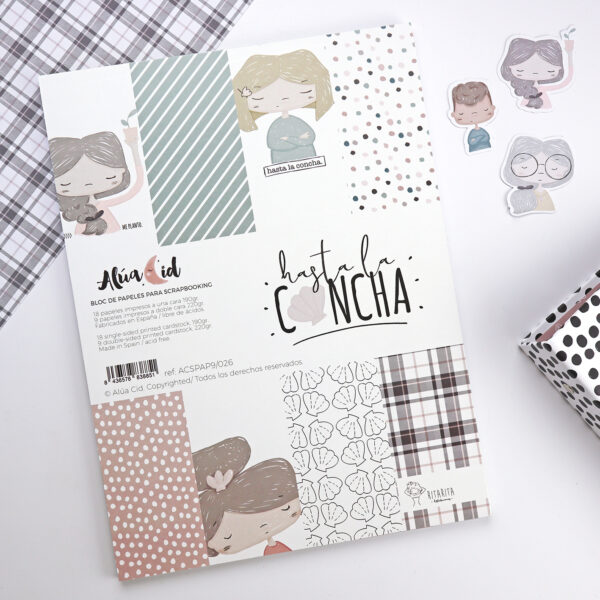 Bloc de papeles Hasta la concha para scrapbooking. Contiene 27 papeles con diseño de la ilustradora Alúa Cid