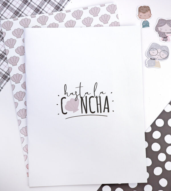 Lámina para libreta logo Hasta la concha. Para crear libretas y agendas personalizadas. Diseño de la ilustradora Alúa Cid