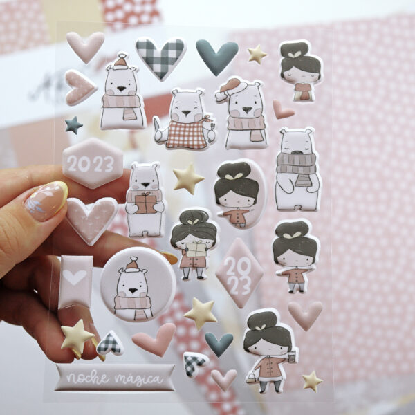 Set de pegatinas puffy Aridad, para manualidades y scrapbooking. Diseño de Alúa Cid. Pertenece a la colección navideña Aridad