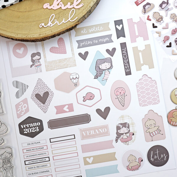 Hoja de troquelados Libertad Verano Etiquetas, para scrapbooking y manualidades creativas. Diseño de Alúa Cid