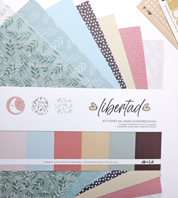 Kit de papeles sólidos+especiales Libertad Primavera, para scrapbooking y manualidades creativas. Diseño de Alúa Cid