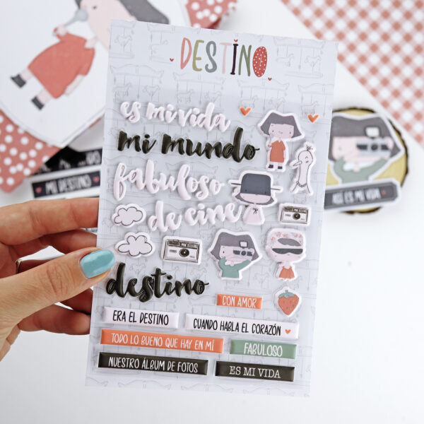 Set de pegatinas puffy de la colección de scrapbooking Destino. Diseño de la ilustradora Alúa Cid