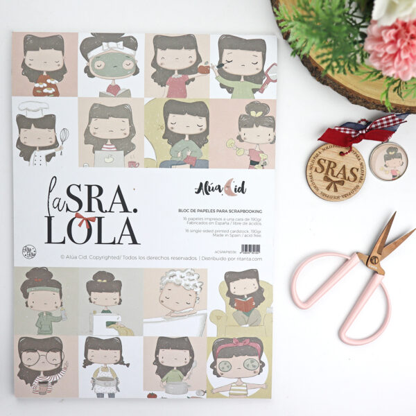 Bloc Ilustraciones La Sra. Lola, con 16 papeles para manualidades y scrapbooking. Diseño de Alúa Cid