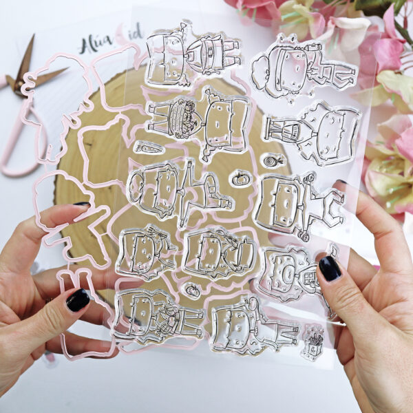 Set de sellos con troquel Me cuido, de la colección La Sra Lola. Diseño e ilustraciones de Alúa Cid