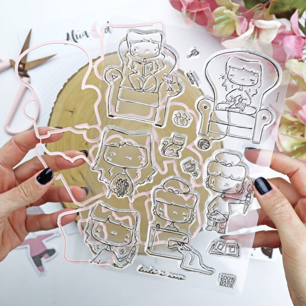 Set de sellos con troquel Tiempo para mí, de la colección La Sra Lola. Diseño e ilustraciones de Alúa Cid