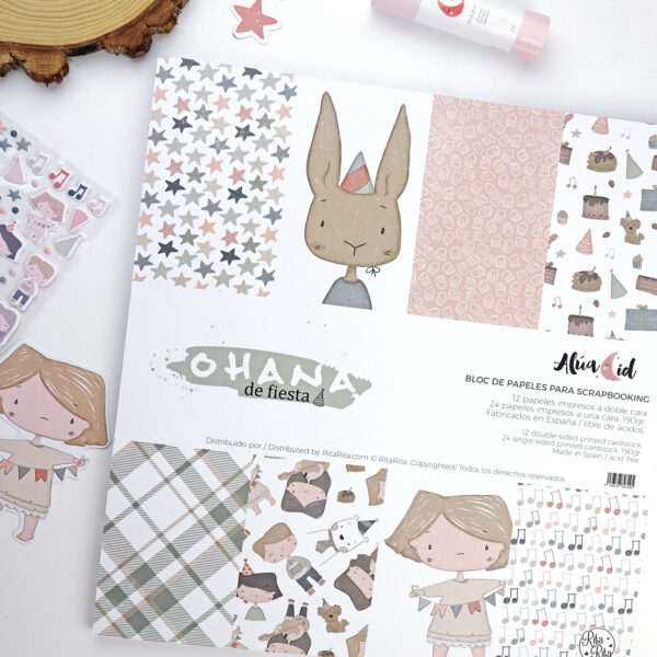 Bloc de 36 papeles para scrapbooking Ohana de Fiesta. Diseño de Alúa Cid
