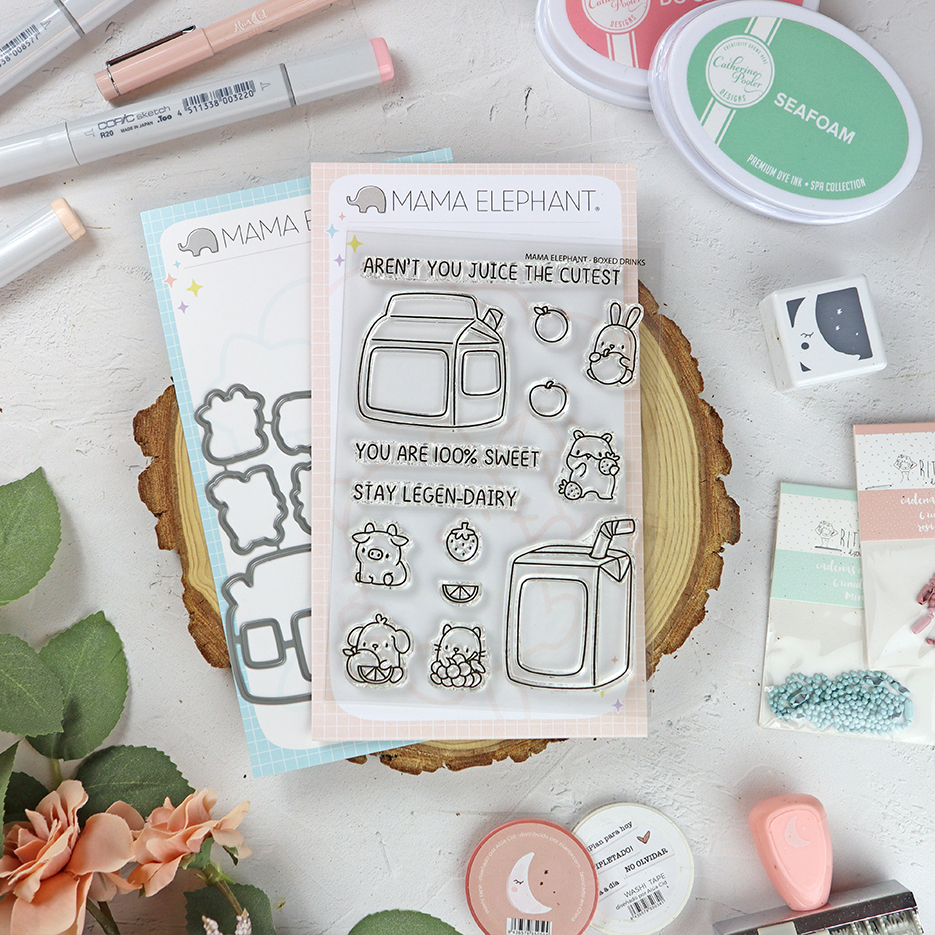 Set de sellos+troquel Boxed Drinks de Mama Elephant