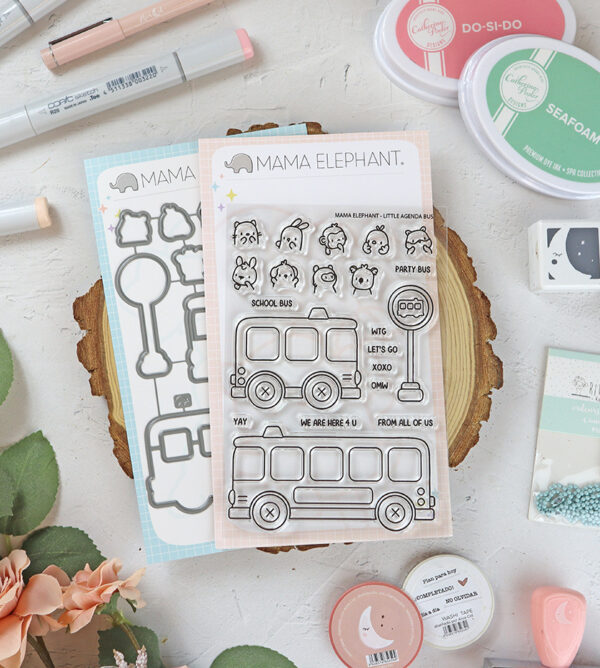 Set de sellos+troquel Little Agenda Bus de Mama Elephant
