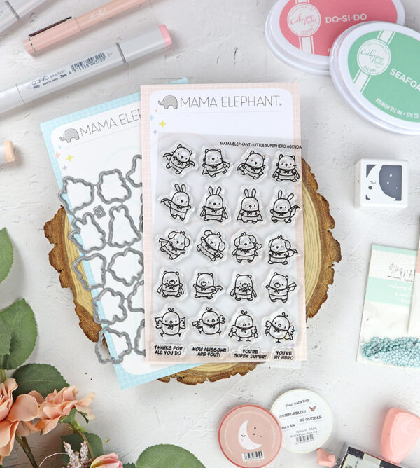 Set de sellos+troquel Little Superhero Agenda de Mama Elephant