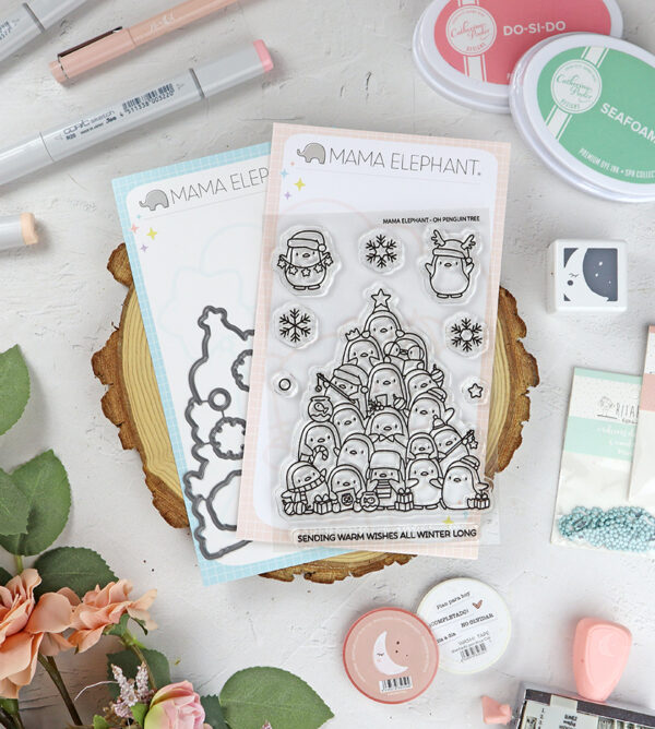 Set de sellos+troquel Oh Penguin Tree de Mama Elephant