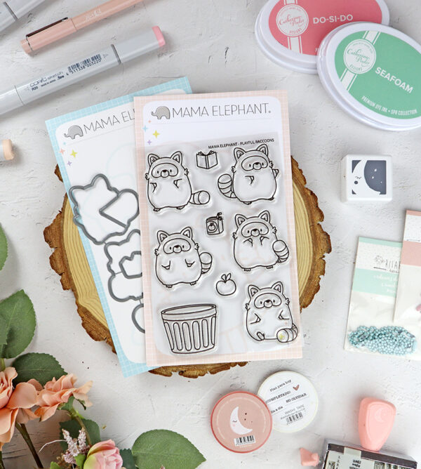 Set de sellos+troquel Playful Raccoons de Mama Elephant