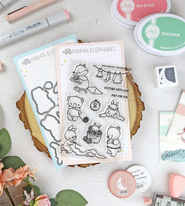 Set de sellos+troquel Stitched With Love de Mama Elephant