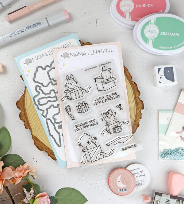 Set de sellos+troquel Surprise Boxes de Mama Elephant